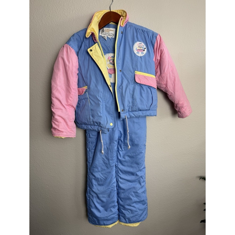 Vintage London Fog Kids 5/6 Ski Snow Winter Bibs Down Coat Blue Pink 80s‎ 90s